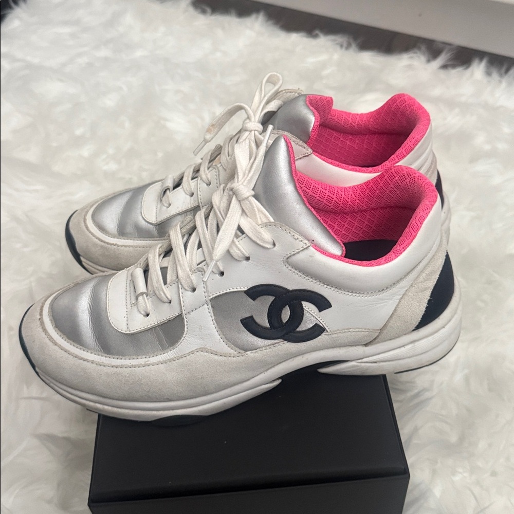 CHANEL White and Silver Sneakers with Pink Accents